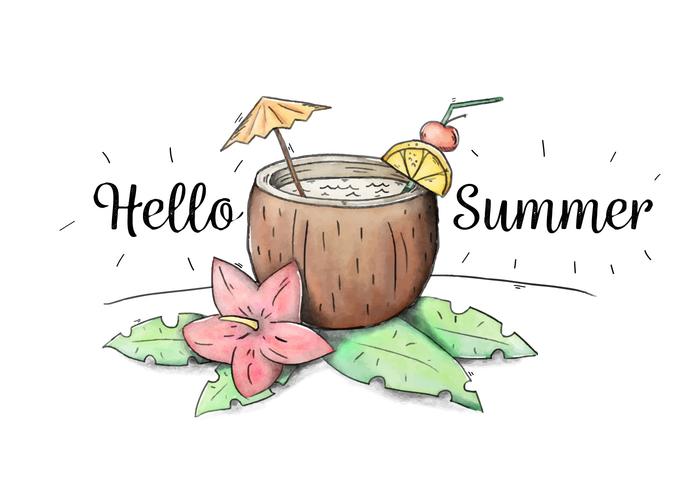 Cute Cocktail Coconut Drink With Umbrella And Leaves To Summer vector