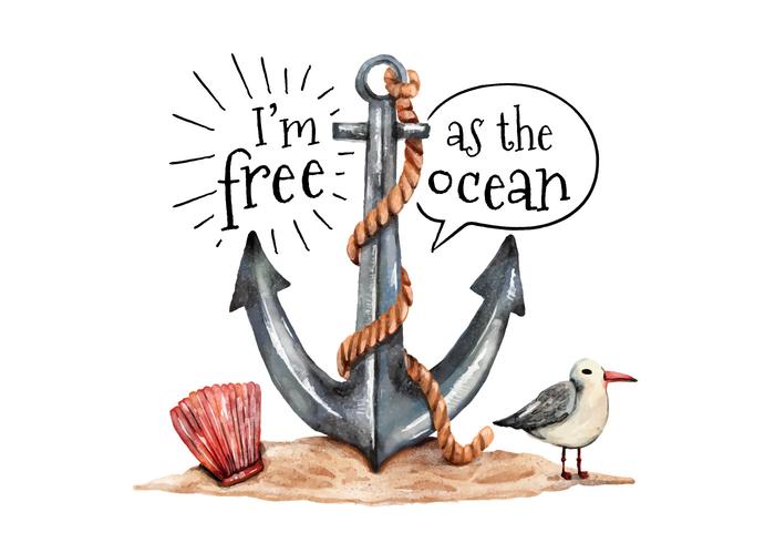 Watercolor Anchor Seagull and Oyster With Ocean Quote vector