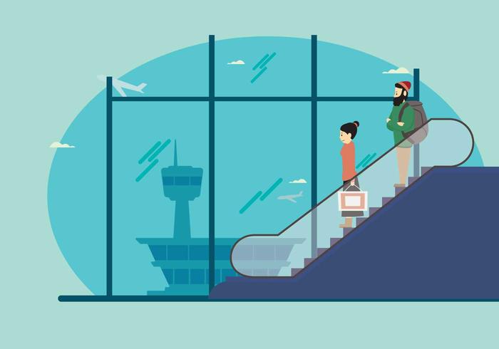 Hombre y mujer en la escalera móvil en el aeropuerto Ilustración vector