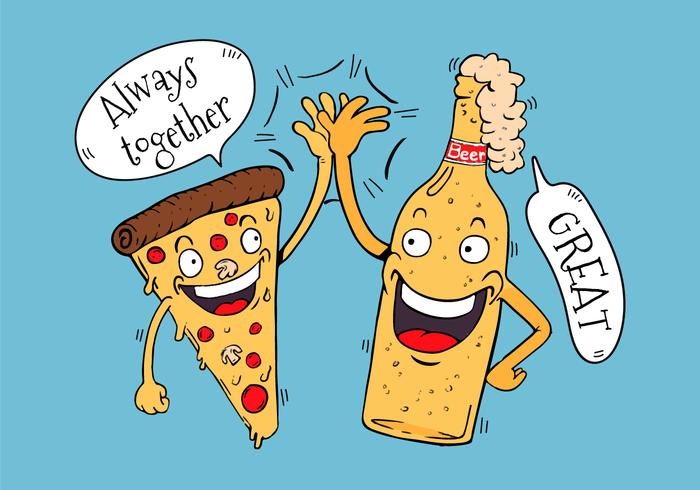 Divertido pizza y cerveza Amigos Carácter High Five Mano vector