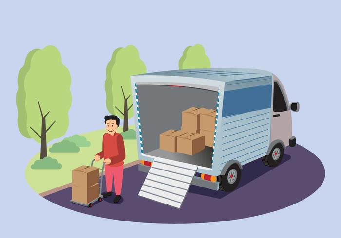 Free Moving Van With Man Holding A Box Illustration vector