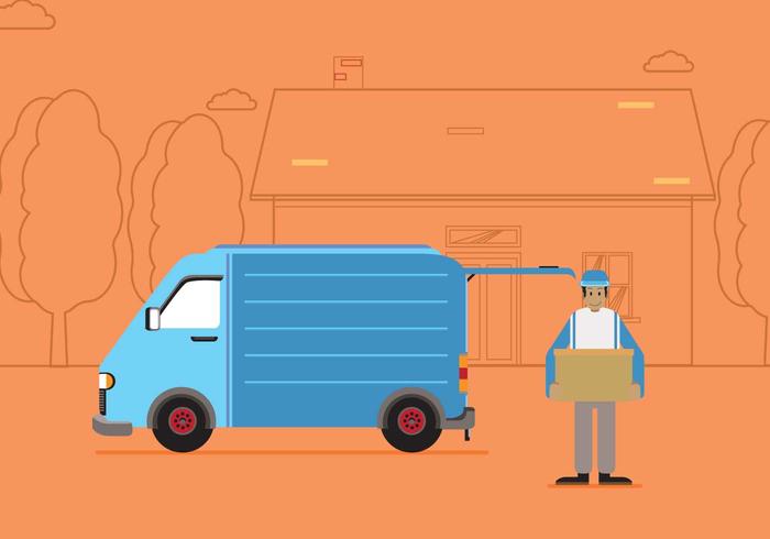 Free Moving Van With Line Silhouette House And Tree Illustration vector