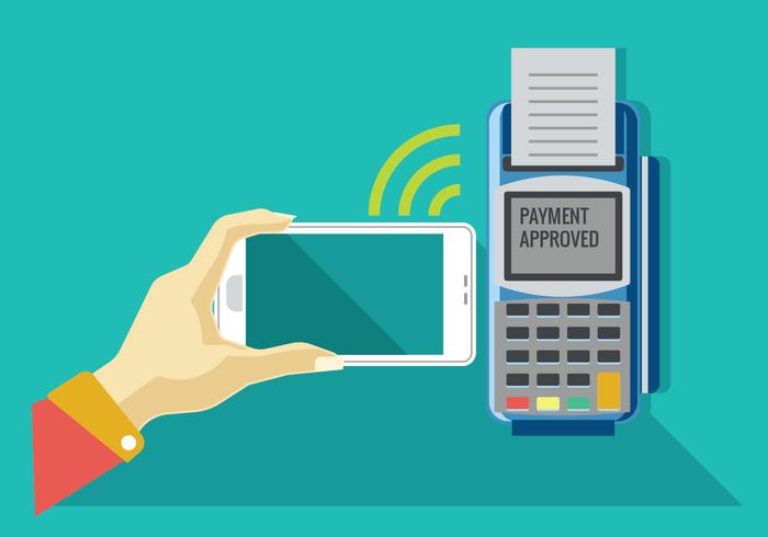 El pago en un comercio a través de la tecnología móvil y NFC vector