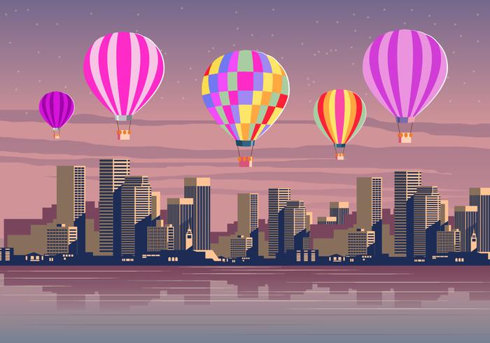 Globos de aire caliente sobre la escena del vector de la ciudad