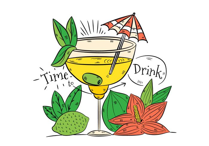 Hand drawn Yellow Cocktail Drink With Lime And Flower vector