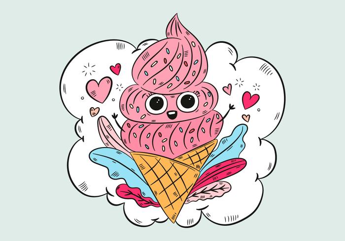 Cute Ice Cream Cone With Leaves Heart And Clouds vector