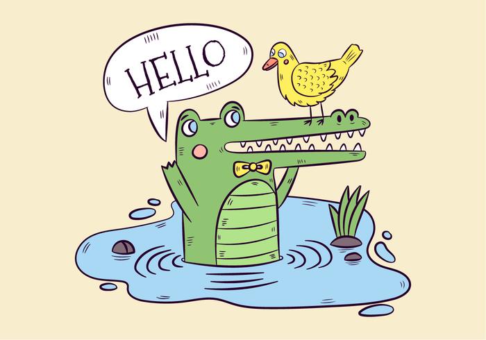 Cute Green Alligator And Yellow Duck With Speech Bubble vector