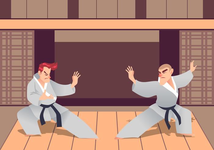 Dos hombres que practican artes marciales en el Dojo vector