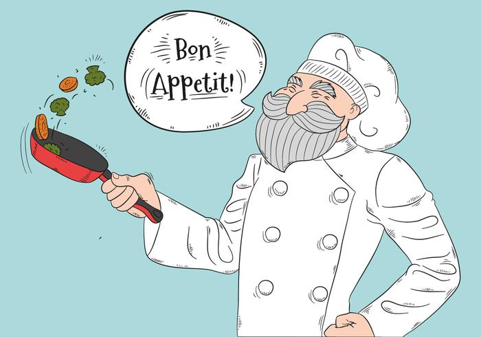Cute Old Chef Cooking Vegetables And Smiling vector