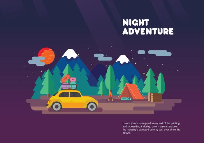 Night Adventure Carpool Vacation Vector Flat Illustration