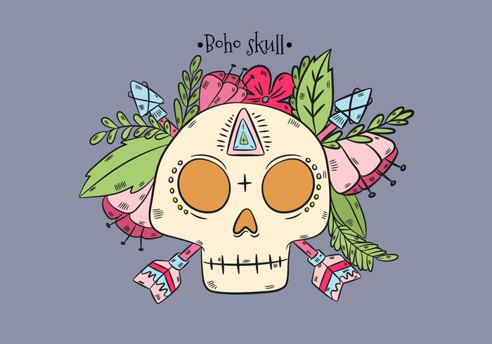 Boho Skull With Leaves And Pink Flowers And Arrows