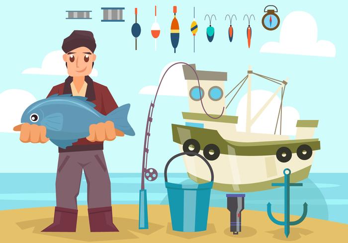 Pescador, barco, equipo, vector