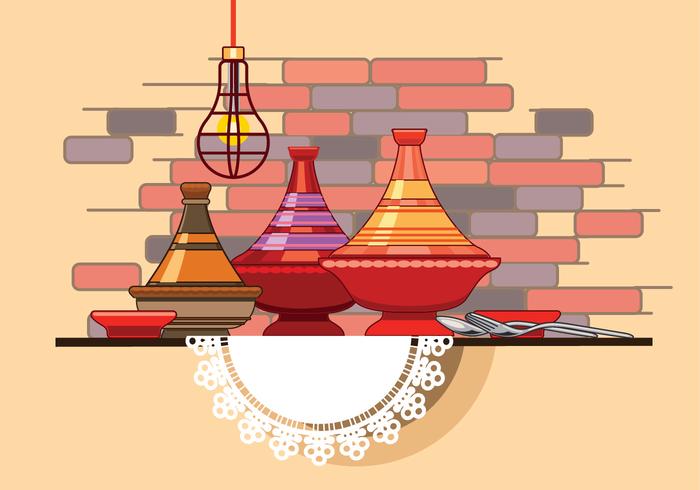 Moroccan Tajine Collection with Spoon and Fork in Front of Restaurant Wall vector