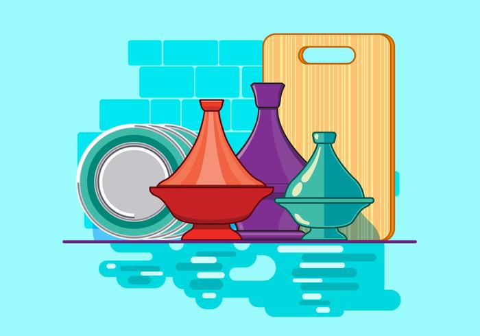 Moroccan Tajine Collection with Plate and Kitchen Background vector