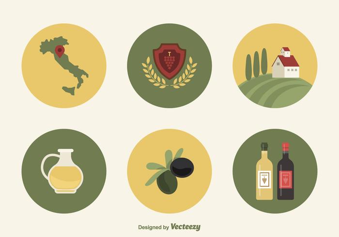 Flat Wine And Olive Icons From Tuscany Italy vector