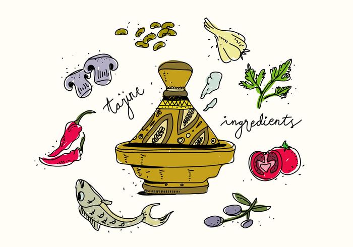 Tradicional Tajine Ingredientes de comida Dibujado a mano ilustración vectorial vector