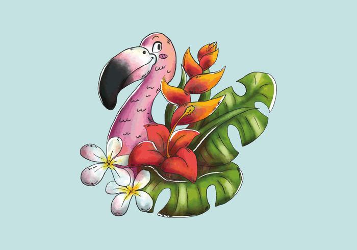 Cute Flamingo Smiling With Tropical Leaves And Exotic Flowers vector