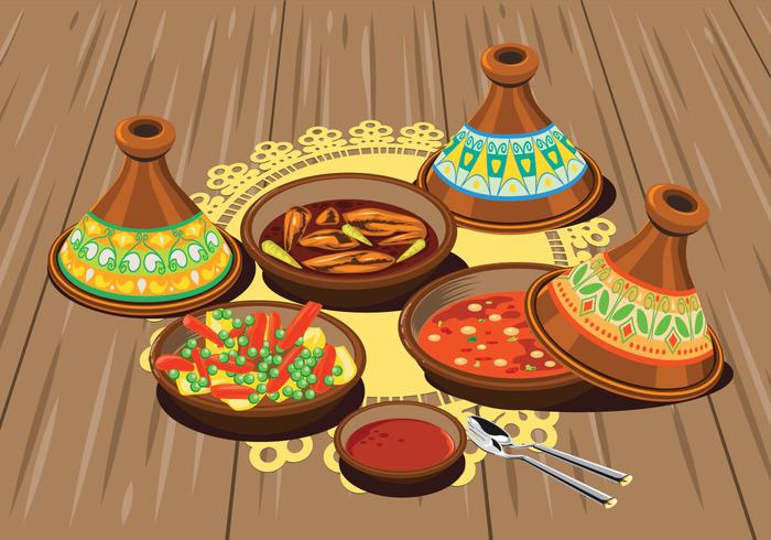 De ilustraciones de sambal, pollo, tajine, servido, aceitunas, vegetal, tajine, arroz, tomate, salsa vector