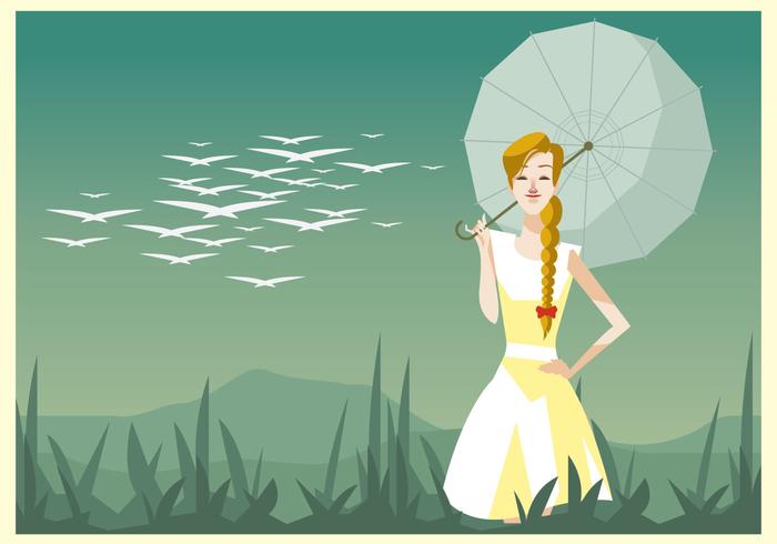 Young Beautiful Woman With a Plait And Umbrella Vector