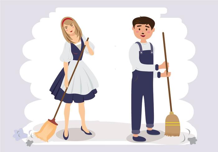 Couple Sweeping Cartoon Vector