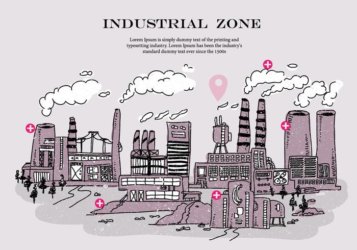 Industrial, zona, Humo, pila, Doodle, vector, Ilustración vector