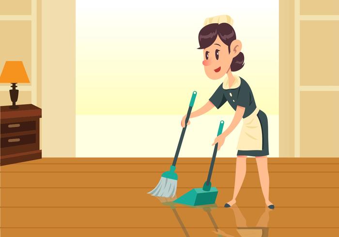 Maid Girl Sweeping Floor Vector 