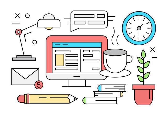 Free Vector Illustration with Office Desk Objects and Elements Free Vector Illustration with Office Desk Objects and Elements