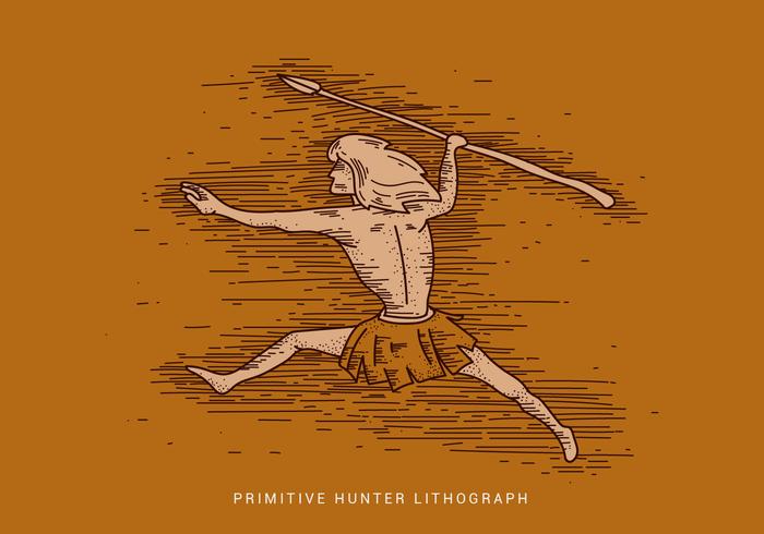 Primitive Hunter Lithograph Vector Illustration