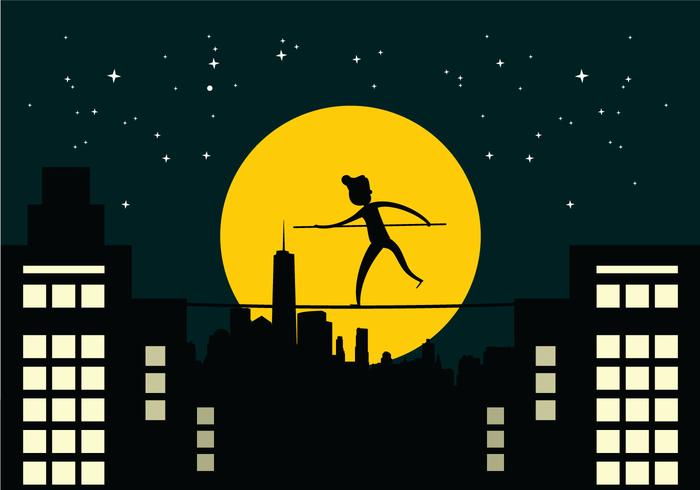 Tightrope Walker Over City Buildings At Night vector