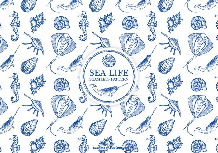 Hand Drawn Etched Sea Life Seamless Pattern vector