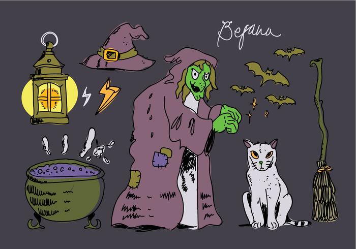Old Befana Magic Stuff Hand Drawn Vector Illustration Old Befana Magic Stuff Hand Drawn Vector Illustration