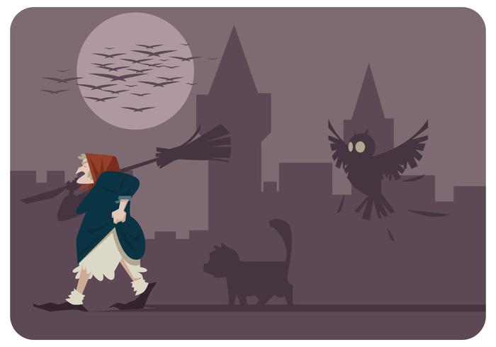 Befana Con Su Gato Y Búho Vector