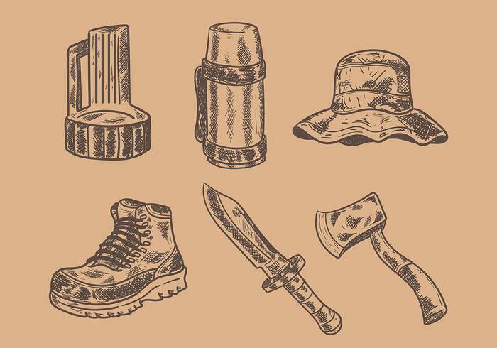 Gravure Old Style Camping Vector Icons