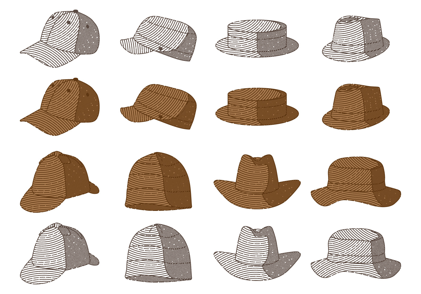 Vintage hat collection hand drawn engraving style black and white