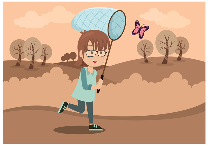 Cute Girl With Butterfly Net Vector