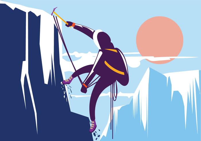 Man Hiking in Beautiful Winter Mountain. Alpinist with Concept vector