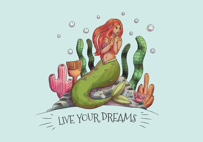 Cute Mermaid Sitting Over Stone With Seaweed And Corals vector