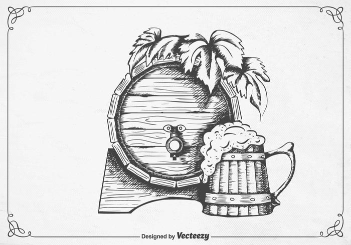 Etched Beer Barrel With Hop And Mug vector