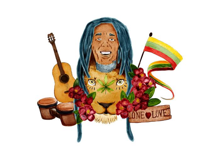 Bob Marley Con El Tambor Del Tambor Del León De Jamaica Y La Guitarra vector