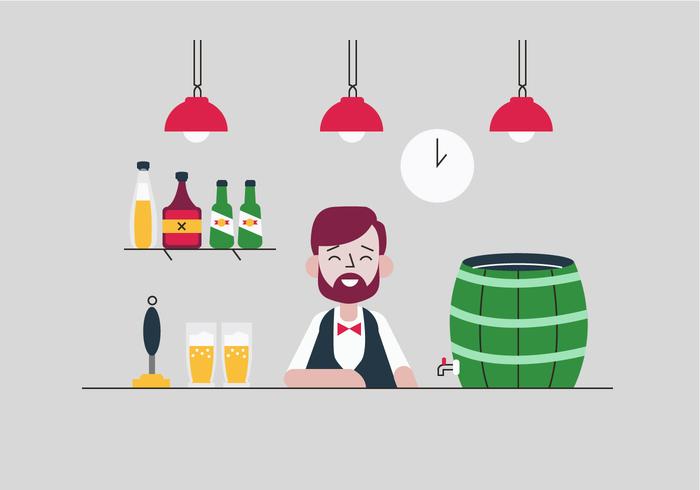 Bartender Smiling With Beer Pump Bar Vector Flat Illustration