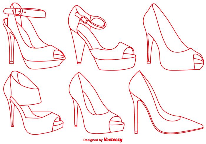 Vector Elegant Red Slippers Line Icons Set