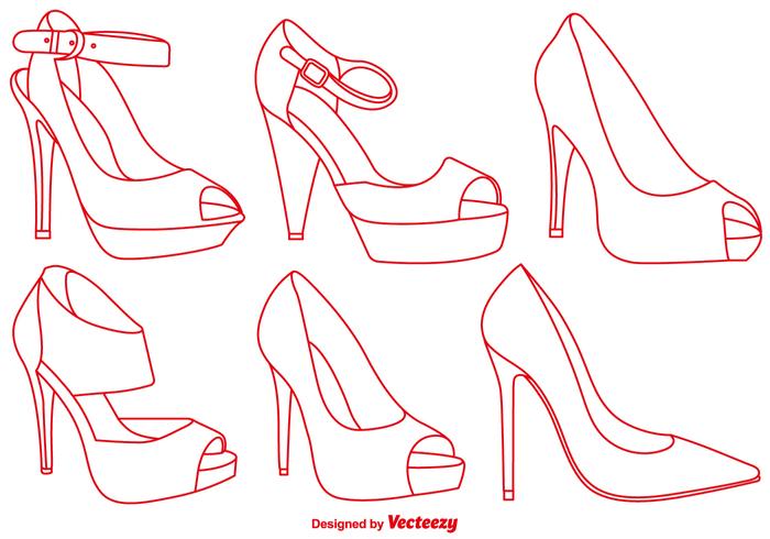 Vector Elegant Red Slippers Line Icons Set