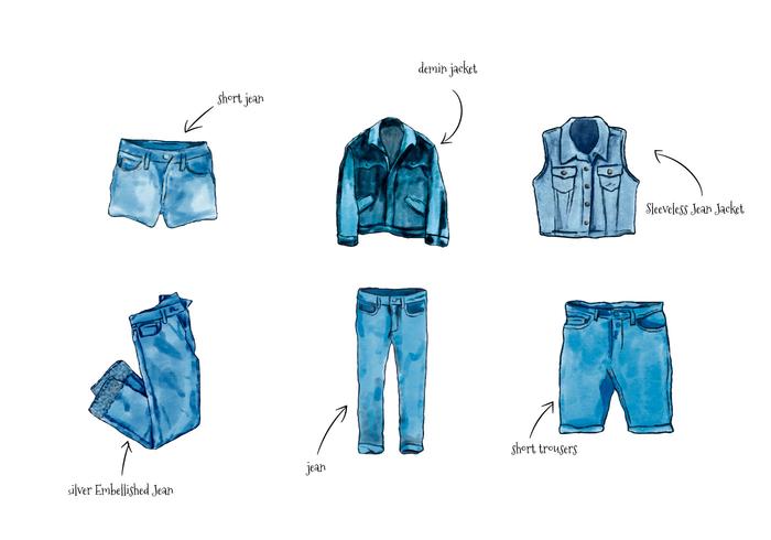 Watercolor Blue Jean Clothes Collection Isolated vector