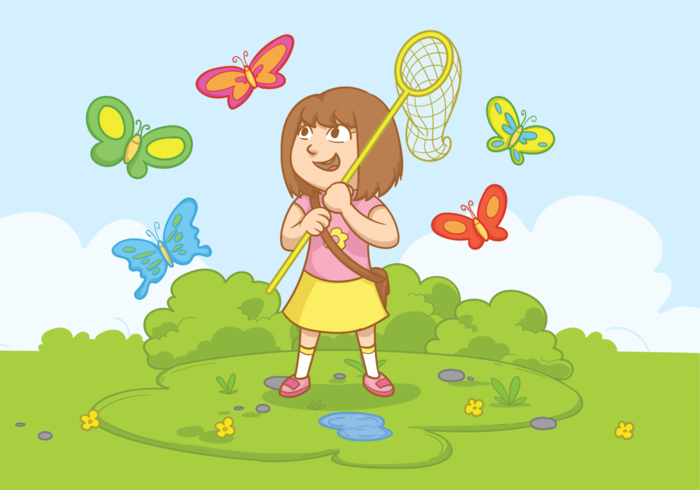 Girl with Butterfly Net Vector Illustration