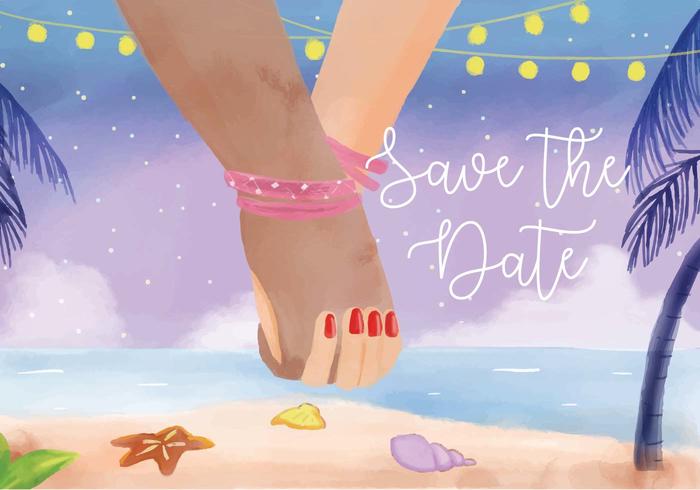 Beach Wedding-Holding Hand Invitation Watercolor Vector