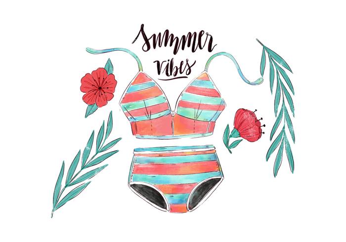 Watercolor Vintage Swimwear With Leaves And Flower With Summer Quote vector