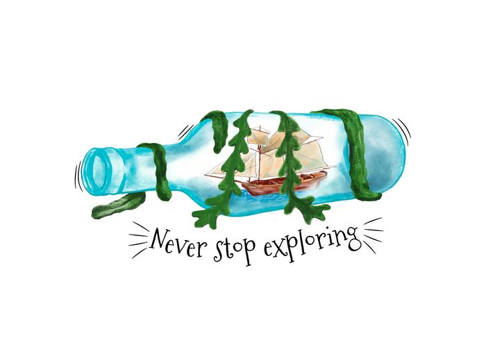 Watercolor Bottle With Ship Inside And Seaweed With Quote vector