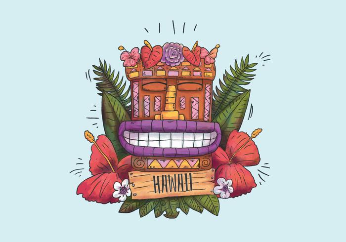 Tótem hawaiano lindo sonriendo con exóticas Flores y hojas y signo de madera vector