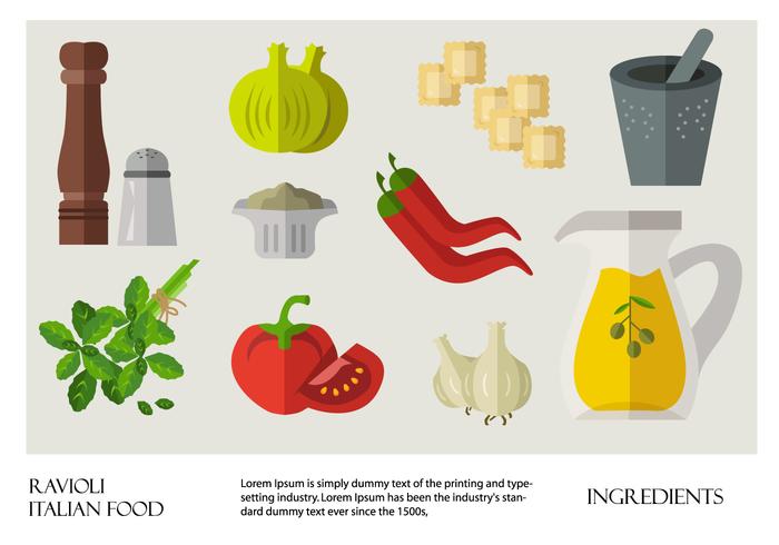 Comida italiana Raviolis Ingredientes Vector Plano