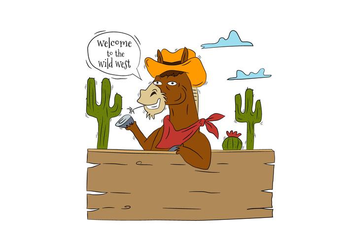 Funny Horse Cowboy Character With Cactus And Wood With Speech Bubble About Wild West vector